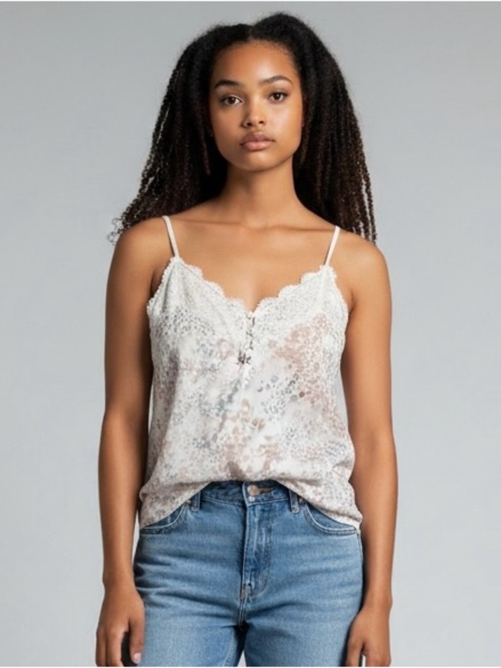 Abercrombie & Fitch Lace-Trim Printed Cami in Cream and Light Brown Y2K babydoll